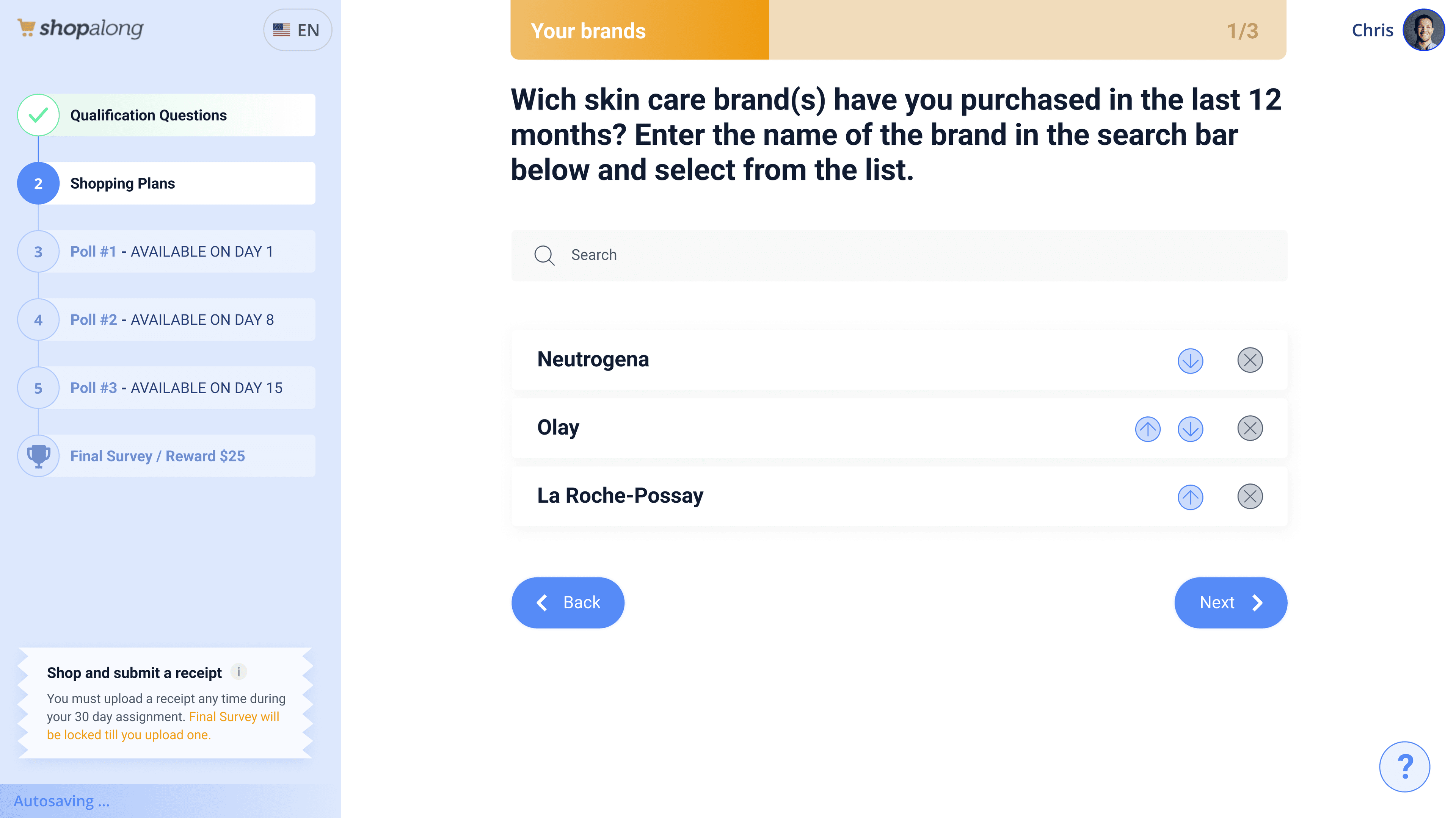 Shopalong survey question beside the study's step-by-step journey